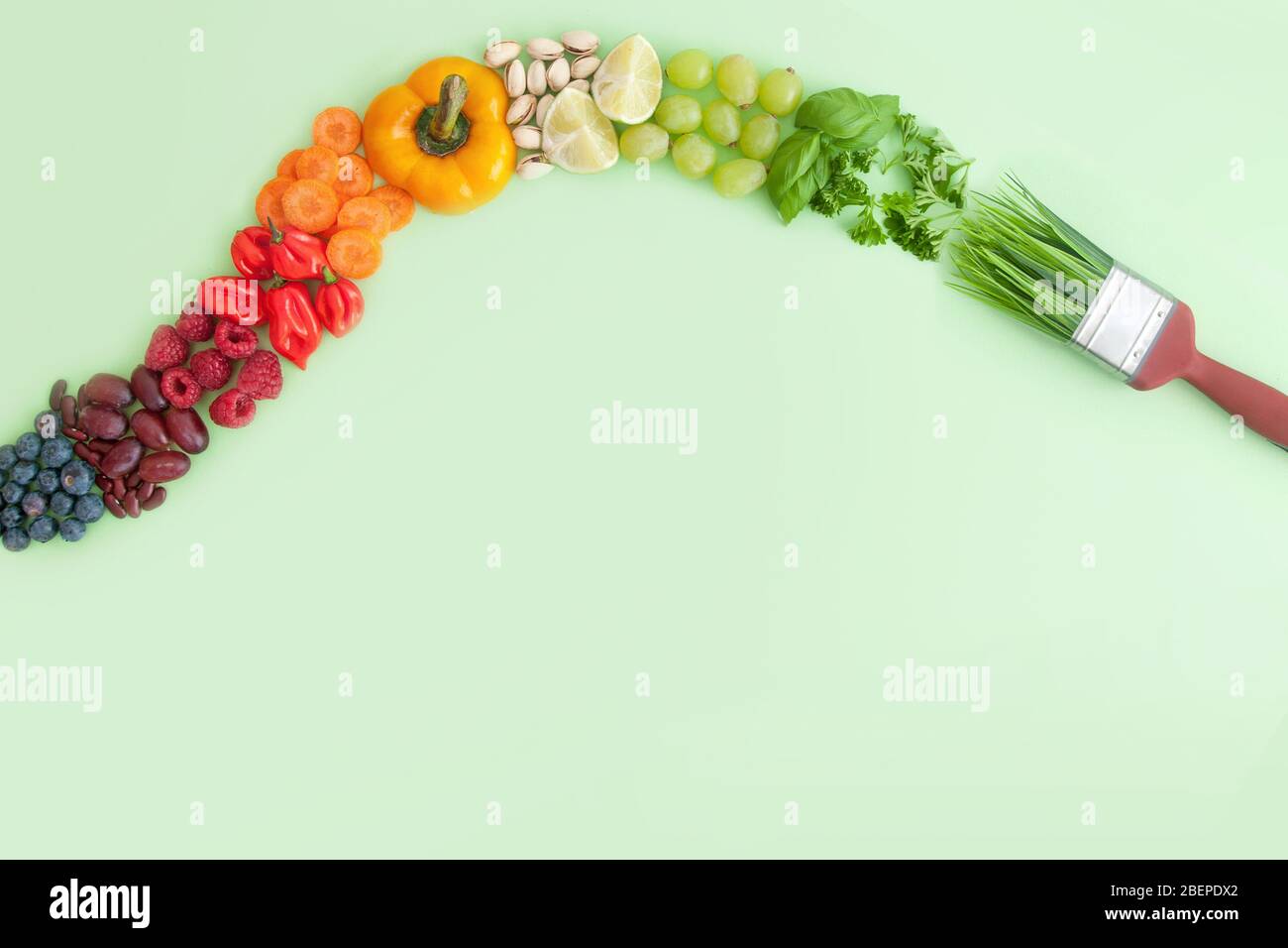https://c8.alamy.com/comp/2BEPDX2/green-food-brush-stroke-with-assorted-colourful-food-groups-including-fruits-vegetables-nuts-and-grains-2BEPDX2.jpg
