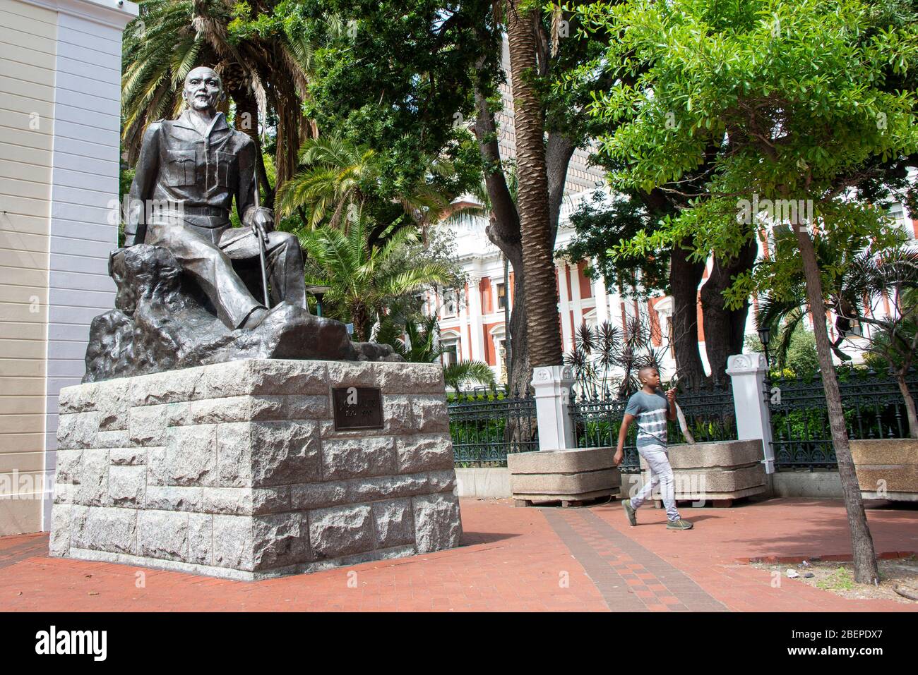 This monument commemorates an extraordinary historical figure, who started out fighting the British in the Boer Wars, became Prime Minister of South Africa and ended up as a British Cabinet Minister, a Field Marshall in the British Army and a signatory to the United Nations Charter. This is a bronze statue, showing Smuts seated in military fatigues, was unveiled in 1974. Located close to the Company's Garden and next to the Parliament Building, this is a must see for those interested in S African and British History in the first half of the 20th century. He supported the concept of holism. Stock Photo