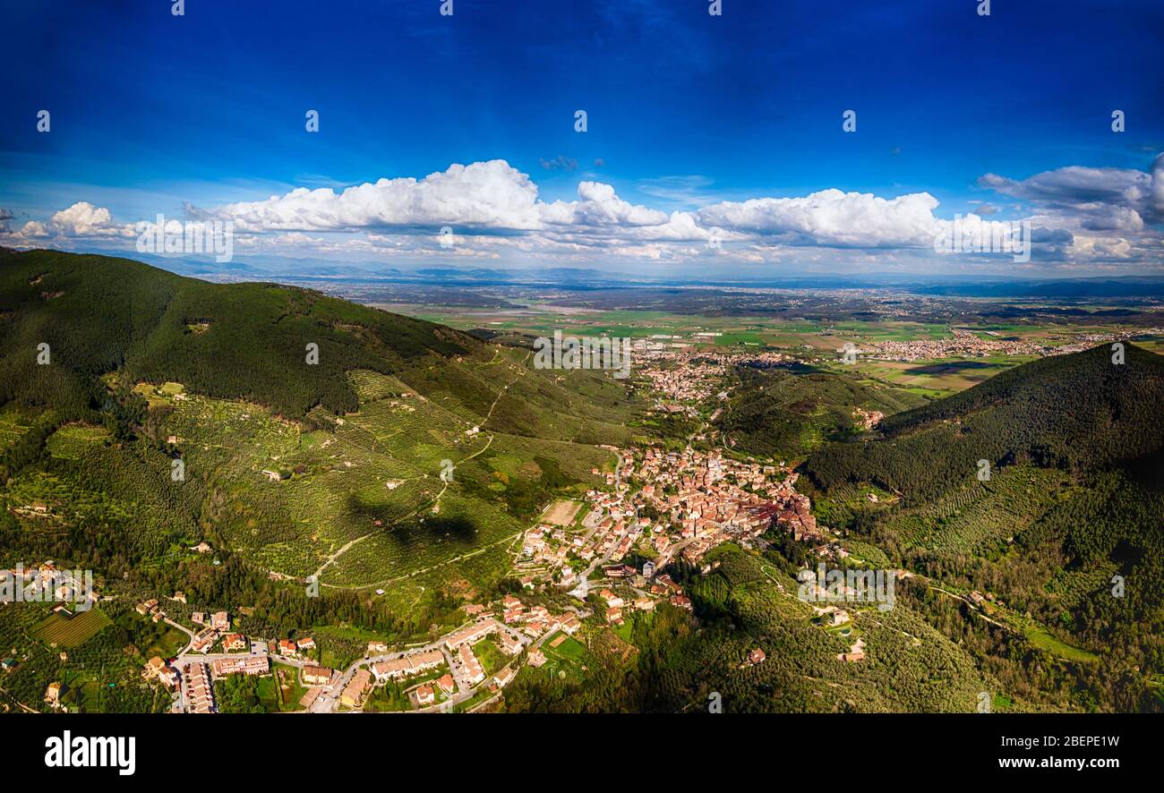 beautiful panorama of Buti in Tuscany, shot taken by drone. Stock Photo
