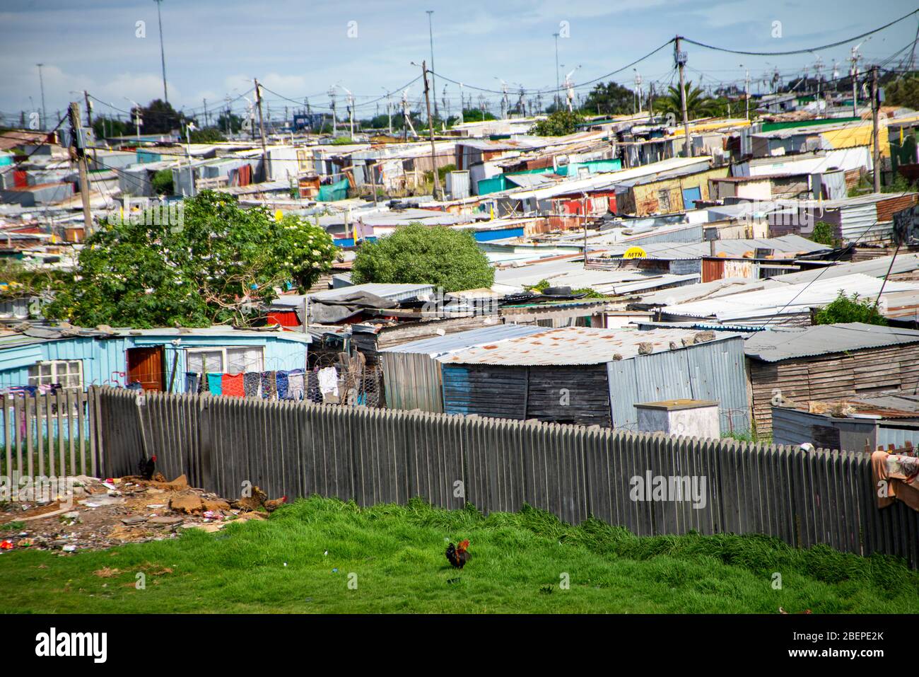 Township shacks in Khayelitsha on the edge of Cape Town. Most shacks have electricity and the