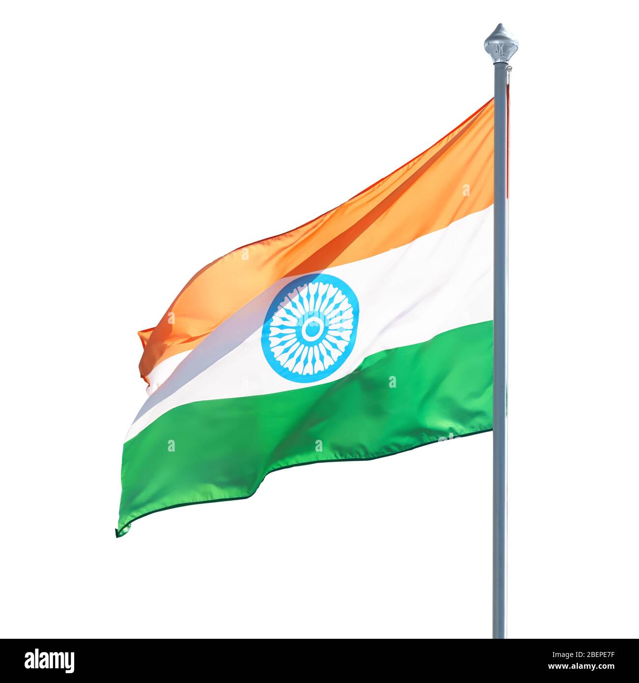 Indian flag on flagpole. Isolated on white, clipping path included Stock Photo