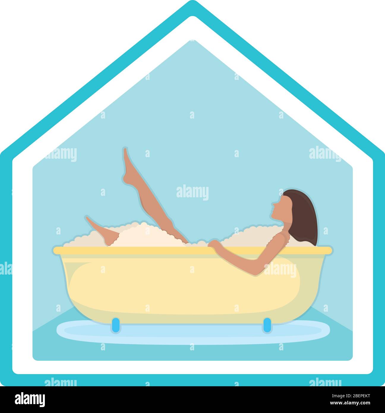 Character female lie in bathroom, washroom foam, relaxing in bath