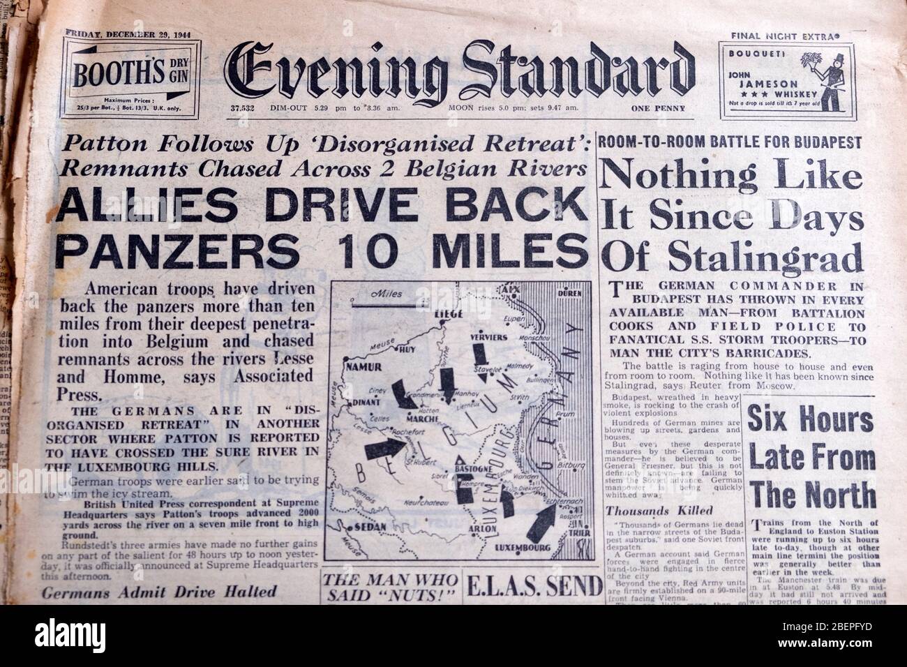 Evening Standard WWII British newspaper headline 29 December 1944 'Allies Drive Back Panzers 10 Miles' London England UK Stock Photo
