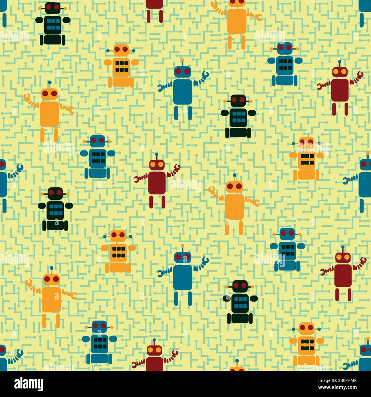 colorful robots seamless vector pattern on yellow Stock Vector
