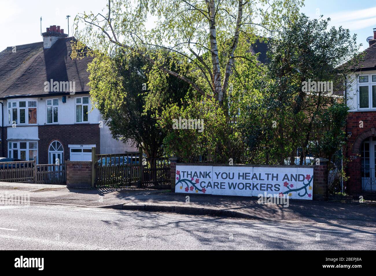 Northampton, UK. 15th April 2020. A large home made sign thanking