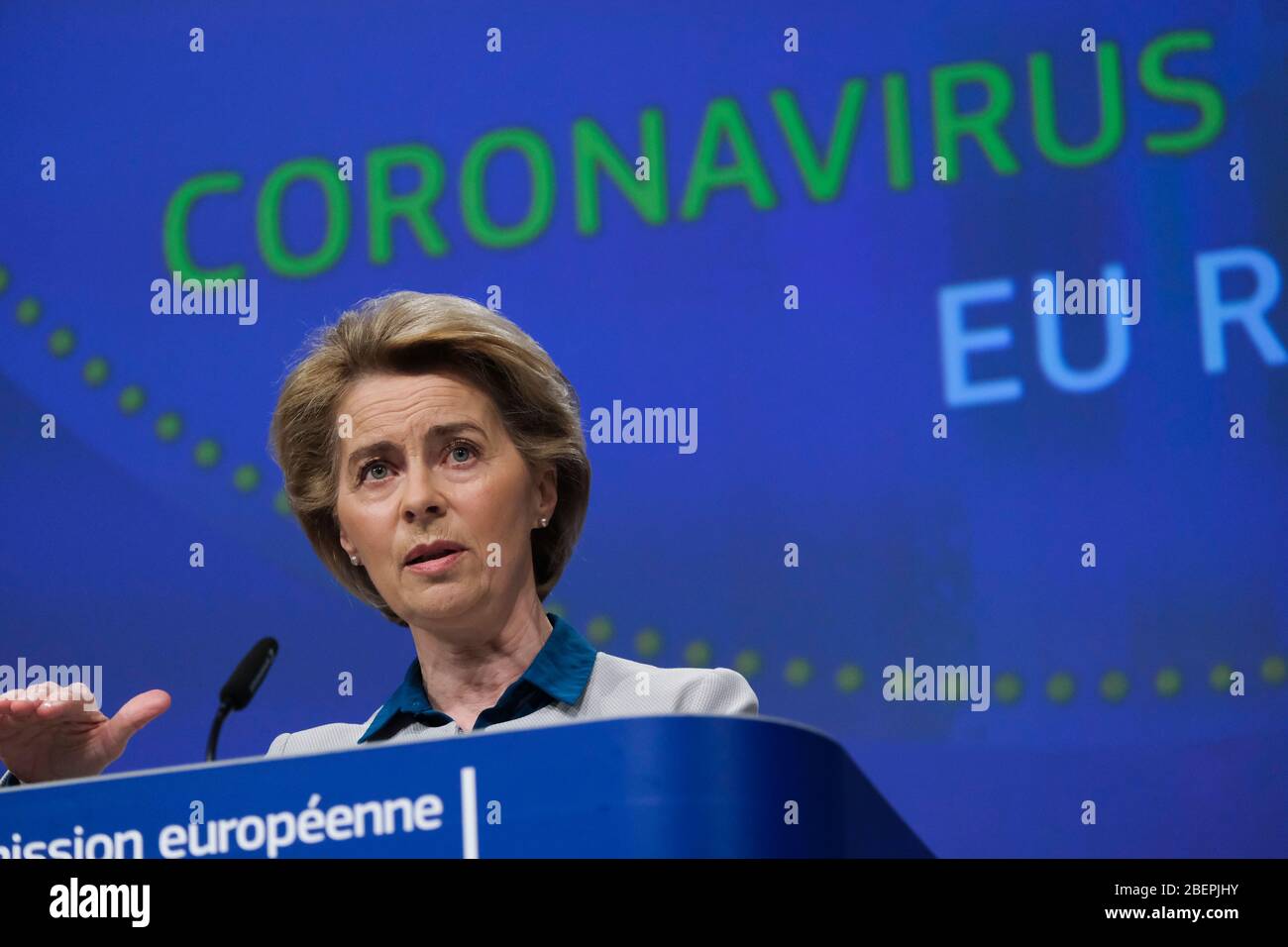 Brussels, Belgium. 15th Apr, 2020. Press conference by EU Commission President Ursula VON DER LEYEN and EU Council President Charles MICHEL on the EU response to the coronavirus crisis. Credit: ALEXANDROS MICHAILIDIS/Alamy Live News Stock Photo