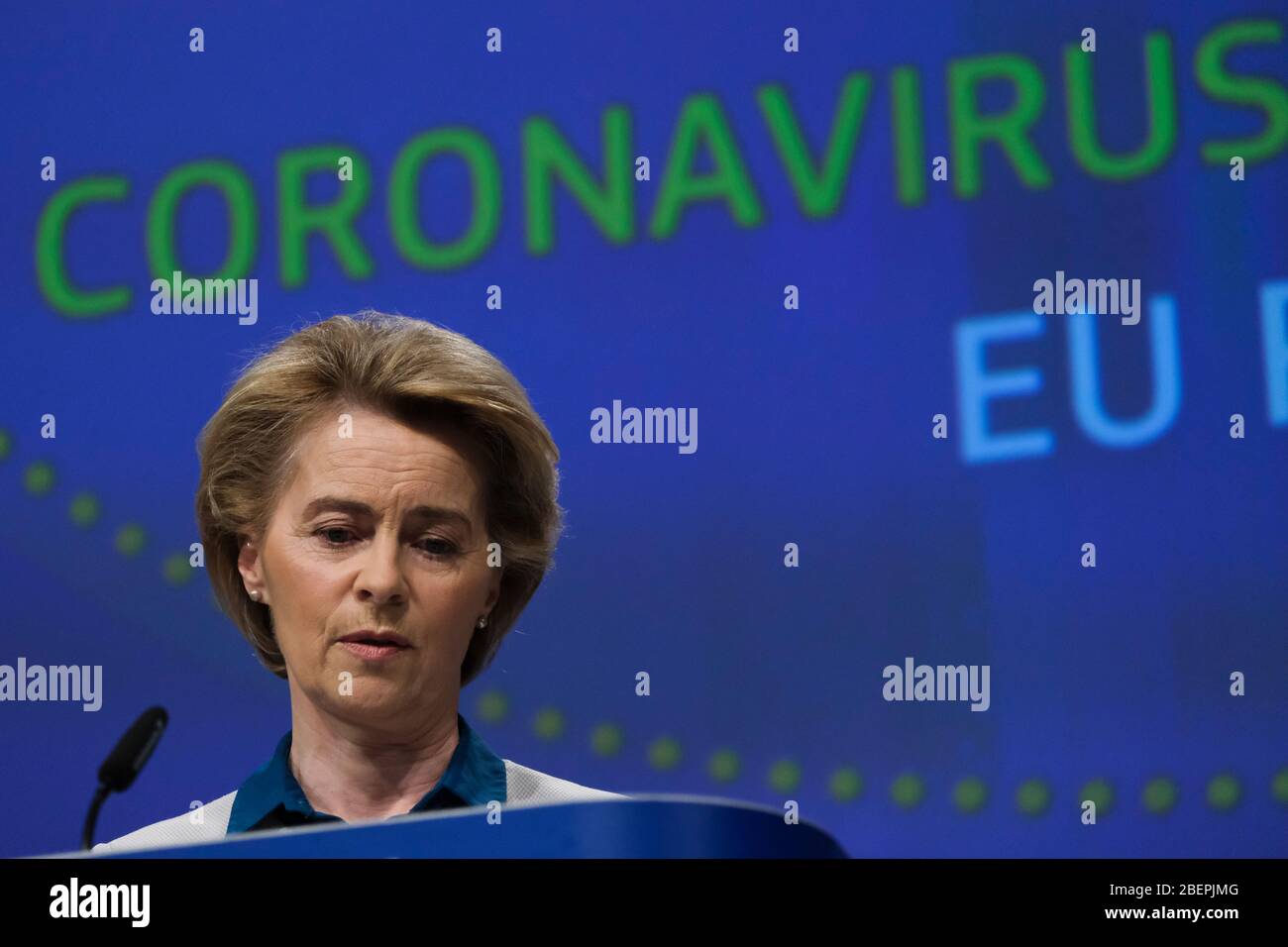 Brussels, Belgium. 15th Apr, 2020. Press conference by EU Commission President Ursula VON DER LEYEN and EU Council President Charles MICHEL on the EU response to the coronavirus crisis. Credit: ALEXANDROS MICHAILIDIS/Alamy Live News Stock Photo