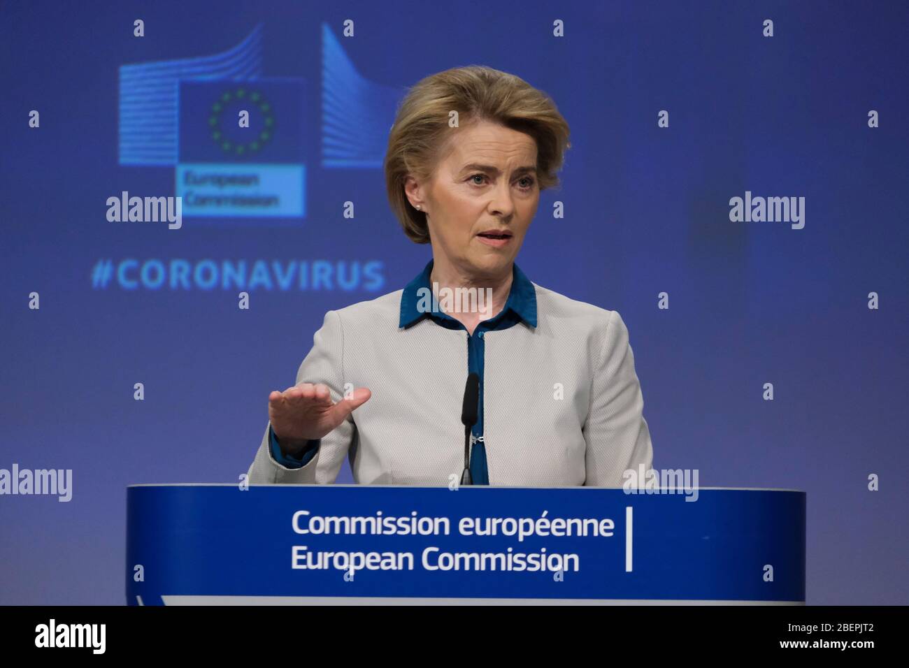 Brussels, Belgium. 15th Apr, 2020. Press conference by EU Commission President Ursula VON DER LEYEN and EU Council President Charles MICHEL on the EU response to the coronavirus crisis. Credit: ALEXANDROS MICHAILIDIS/Alamy Live News Stock Photo