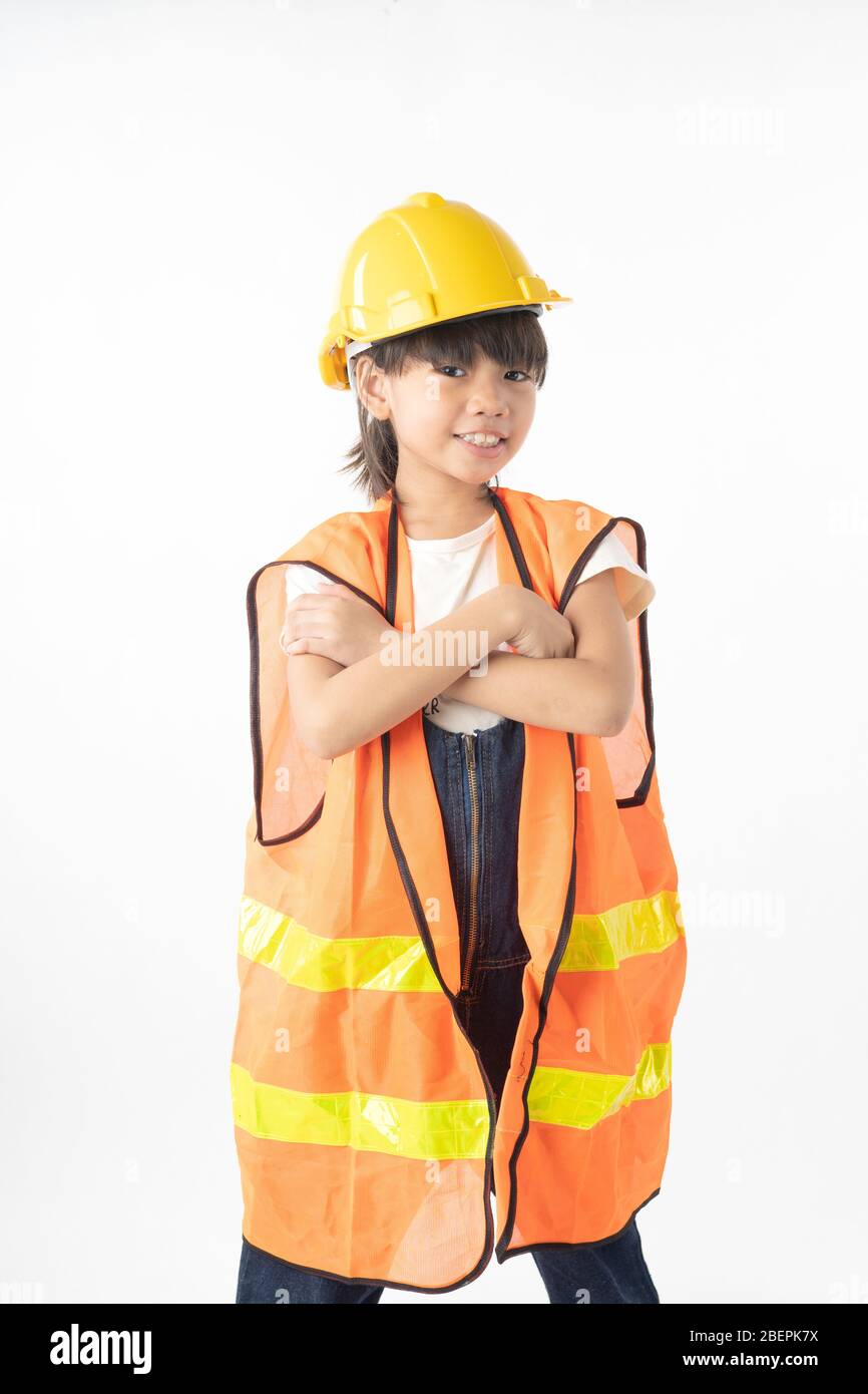 Asian girl Thai student want to be engineer, engineering kid isolated on white background Stock Photo