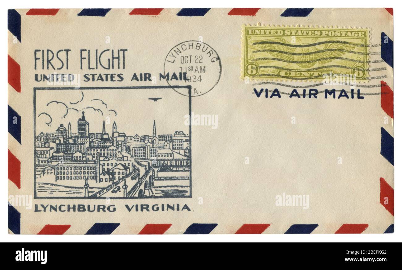 Lynchburg, Virginia, The USA  - 22 October 1934: US historical envelope: cover with cachet first flight, Air mail, city view, eight cents stamp Stock Photo