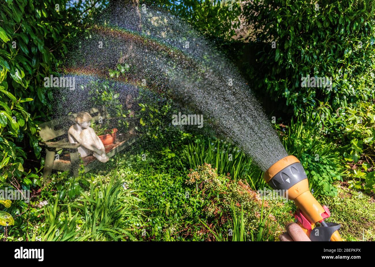 Spraying the garden with rainbows. Stock Photo