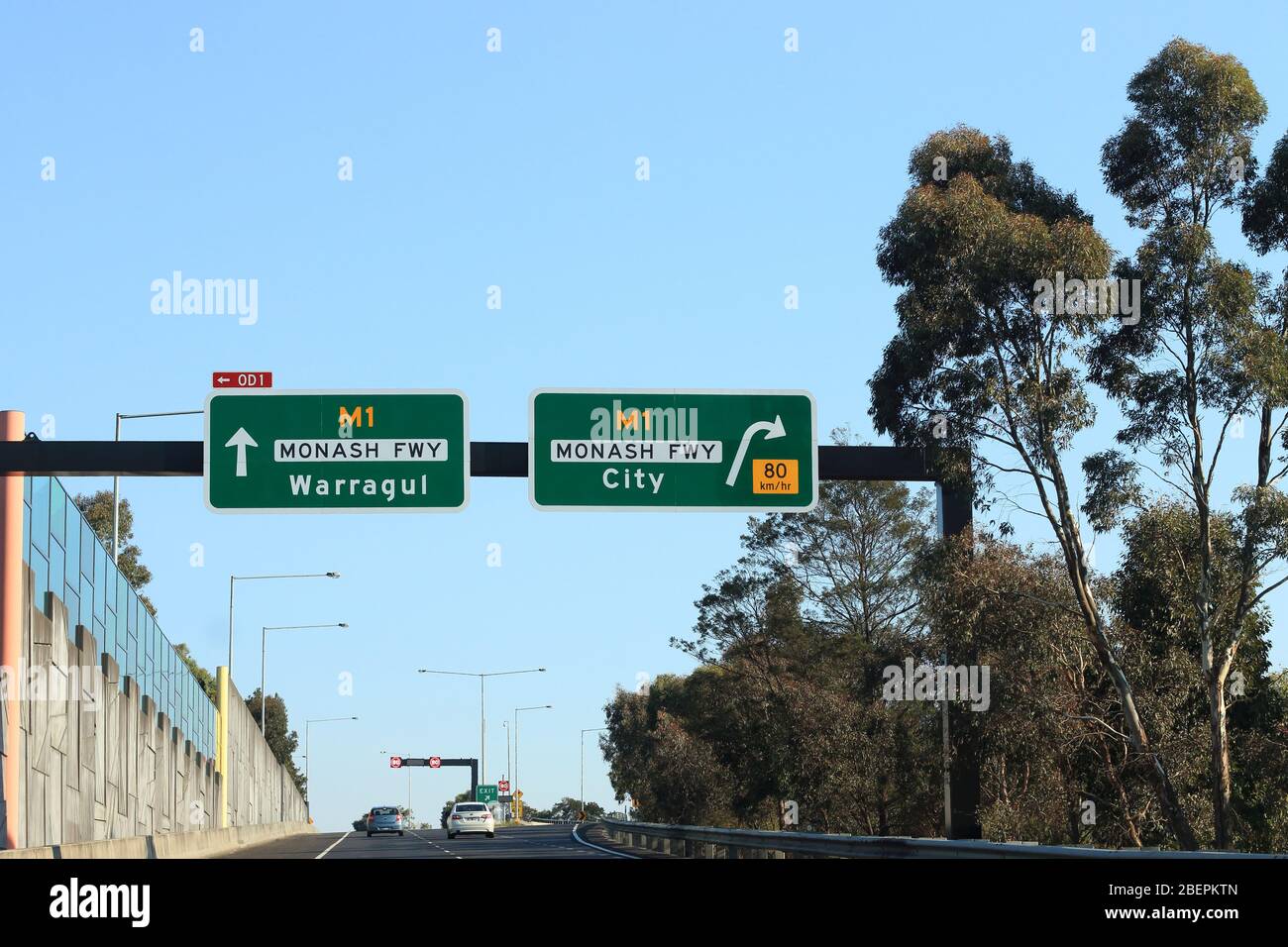 Monash freeway, City and Warragul signboards on Melbourne freeway road