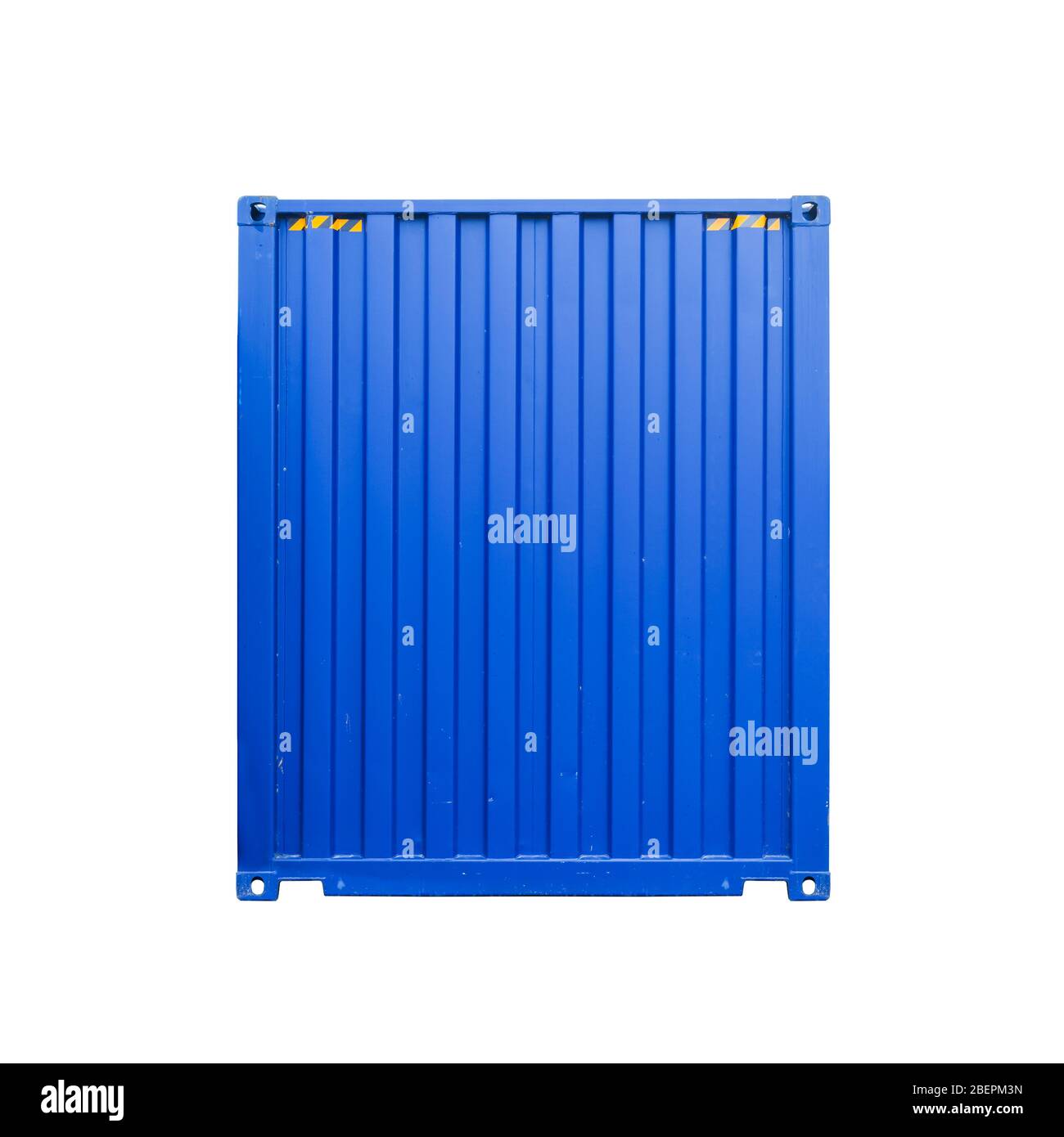 Blue standard cargo container isolated on white background, front view
