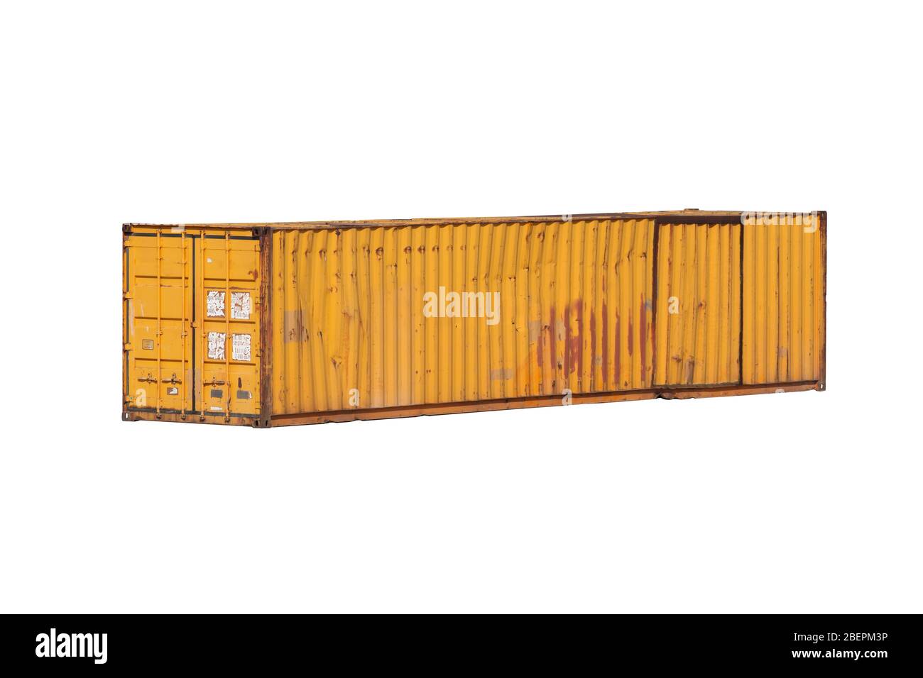 Grungy yellow old cargo container isolated on white background, industrial shipping equipment Stock Photo