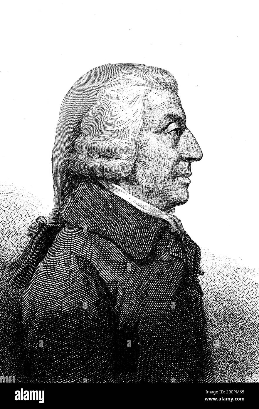 Adam Smith, 16 June 1723 - 17 July 1790, was a Scottish moral philosopher and enlightener and is considered the founder of classical national economy  /  Adam Smith, 16. Juni 1723 - 17. Juli 1790, war ein schottischer Moralphilosoph und Aufklärer und gilt als Begründer der klassischen Nationalökonomie, Historisch, digital improved reproduction of an original from the 19th century / digitale Reproduktion einer Originalvorlage aus dem 19. Jahrhundert Stock Photo