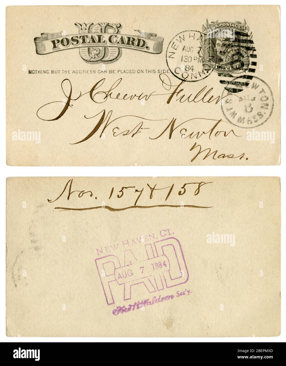 New Haven, Connecticut, West Newton, Massachusetts, The USA - 7-8 August 1884: US historical Post Card with black text in vignette, Imprinted One Cent Stock Photo