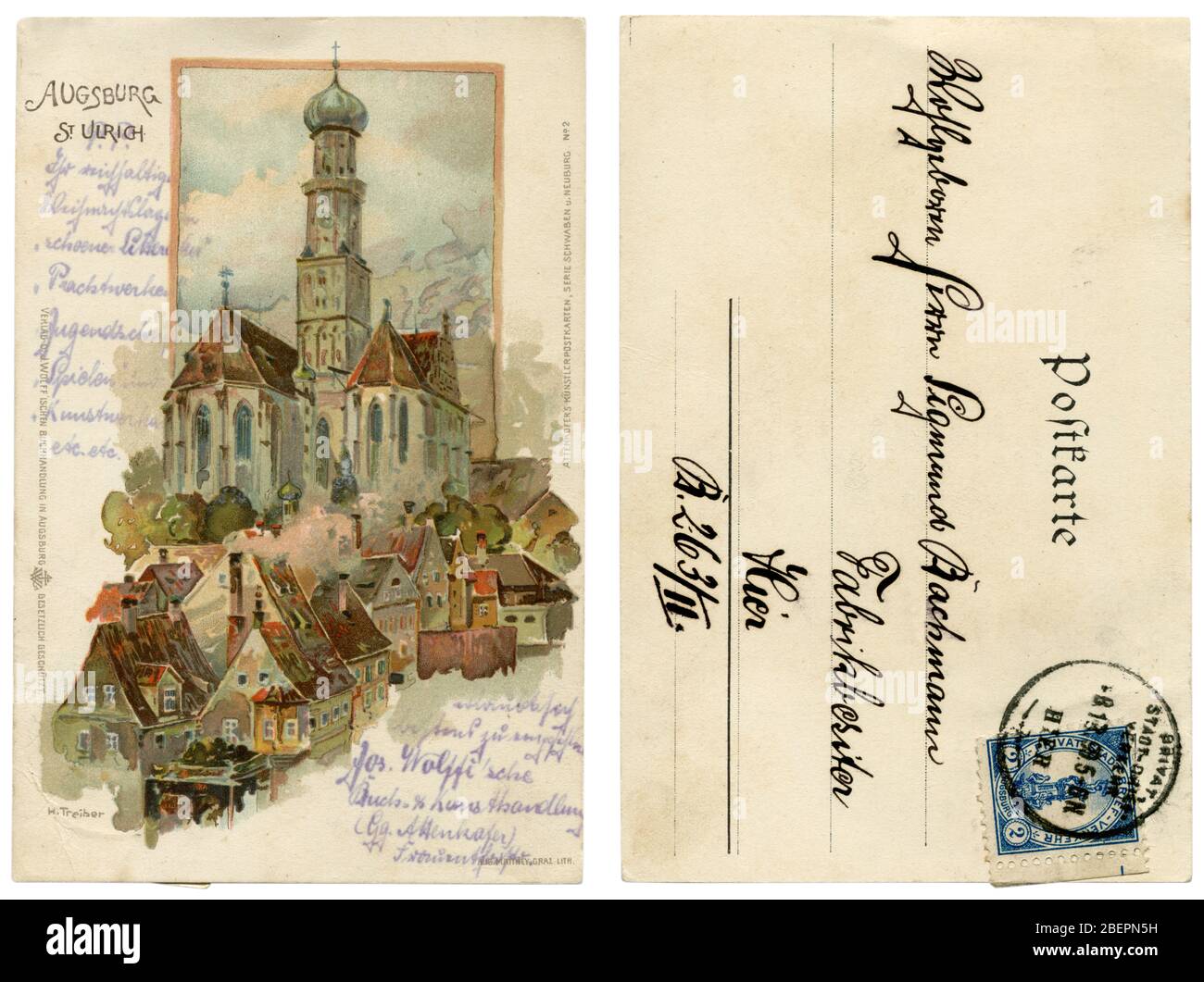 German historical postcard: Lithography of the late 19th century. Basilica of SS. Ulrich and Afra, Catholic parish in Augsburg, Bavaria, Germany Stock Photo