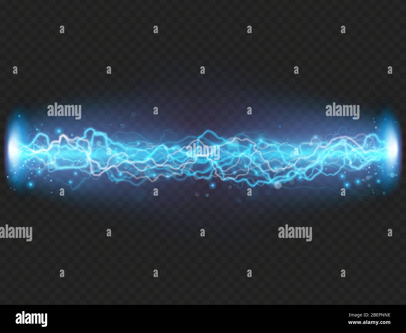 Lightning flash discharge of electricity on transparent background. Blue electrical visual