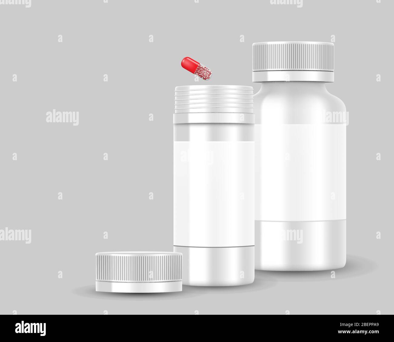 White blank Bottle packaging with red pill capsule isolated. Medicine banner design. Medical container mockup. Vector illustration Stock Vector