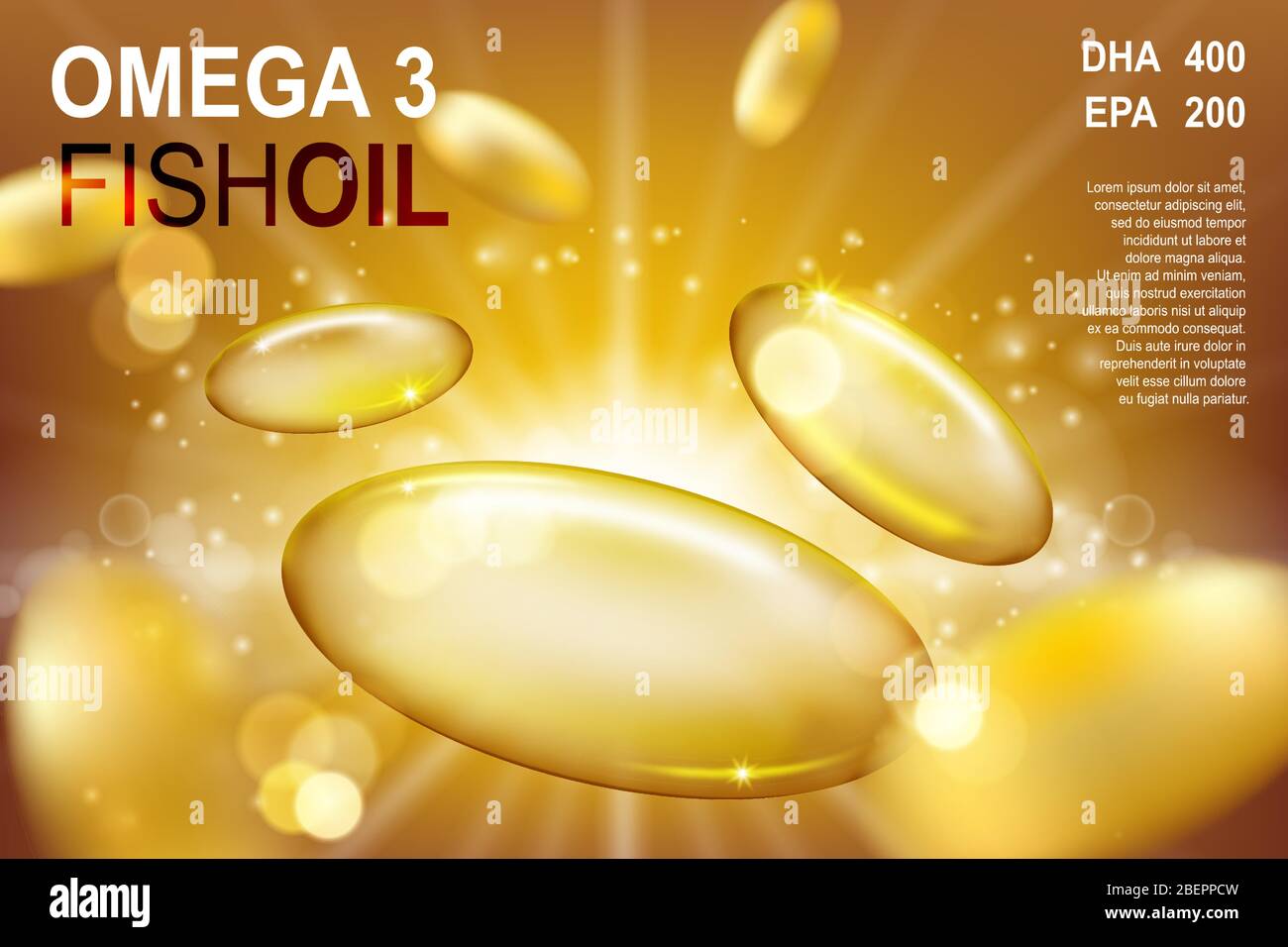 Realistic flyeing Fish oil capsules ads template, omega-3 or vitamin E softgel capsule on golden background. Vector 3D illustration. Stock Vector