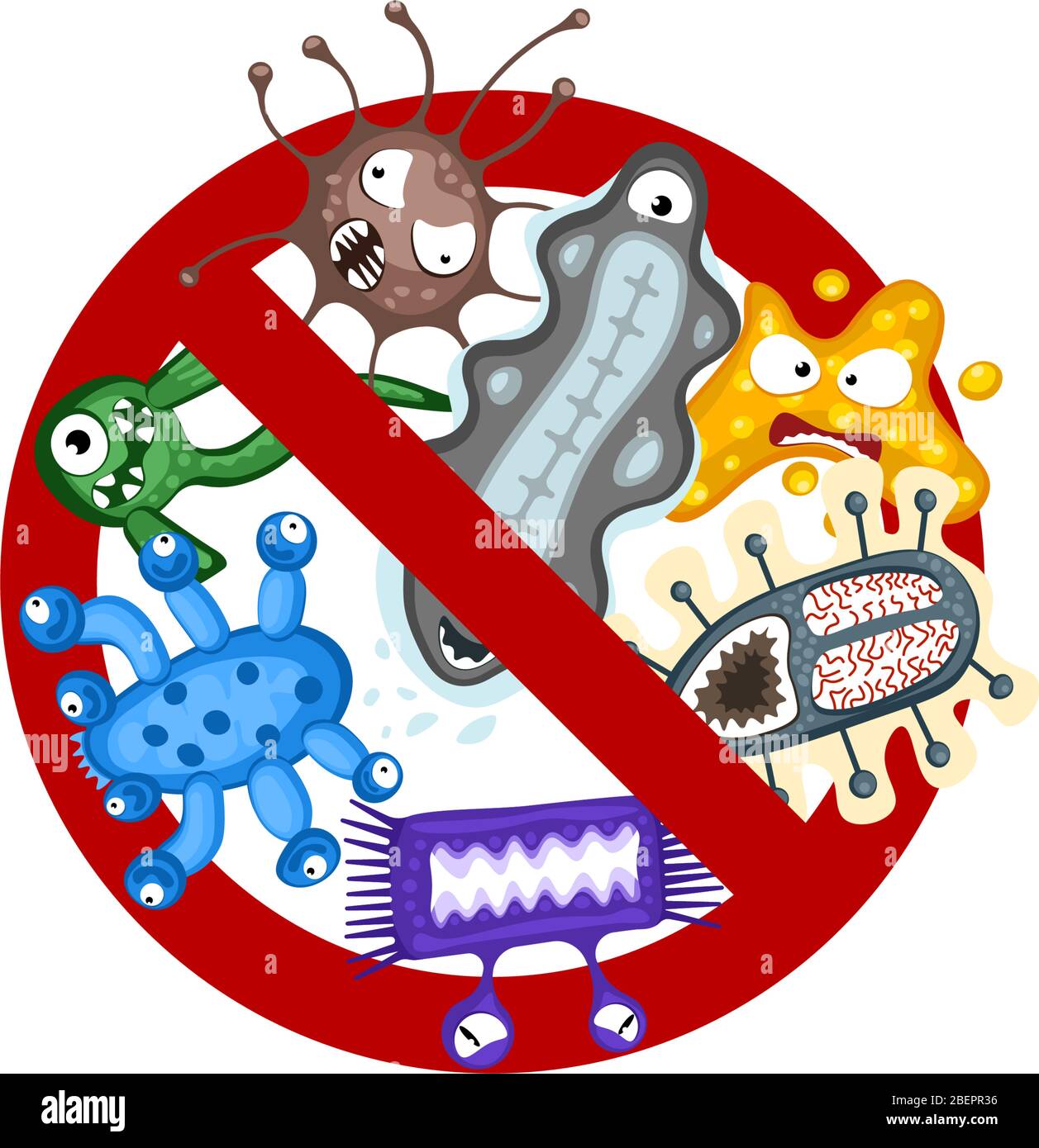 Stop spread virus sign. Cartoon germ characters isolated vector eps illustration on white background. Cute fly bacteria infection character. Microbe viruses and diseases protection concept Stock Vector