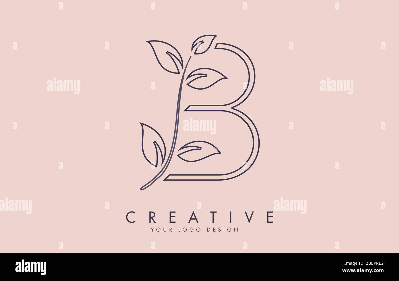 Outline Leaf Letter B Logo Design with Leaves on a Branch and Pink ...