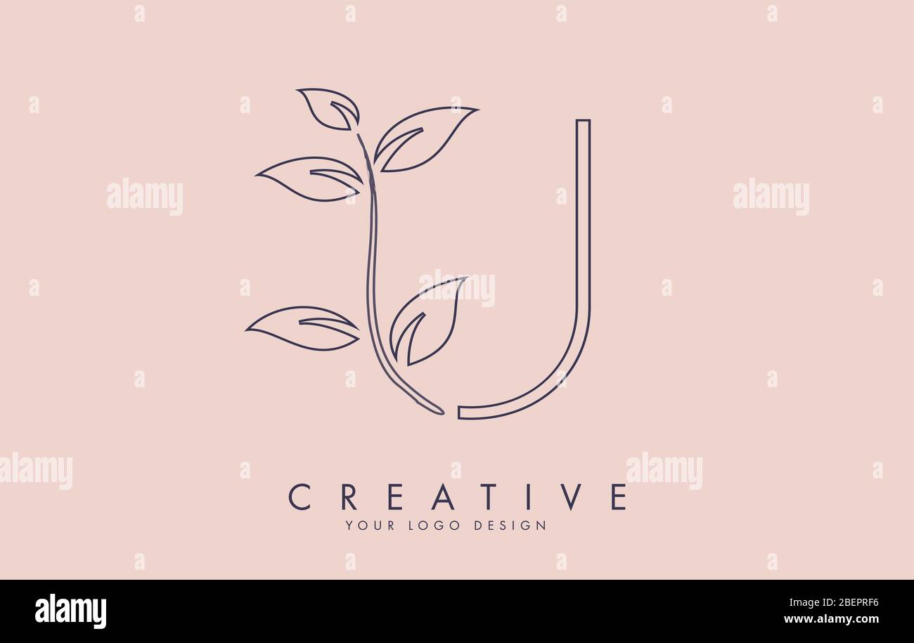 Outline Leaf Letter U Logo Design with Leaves on a Branch and Pink ...