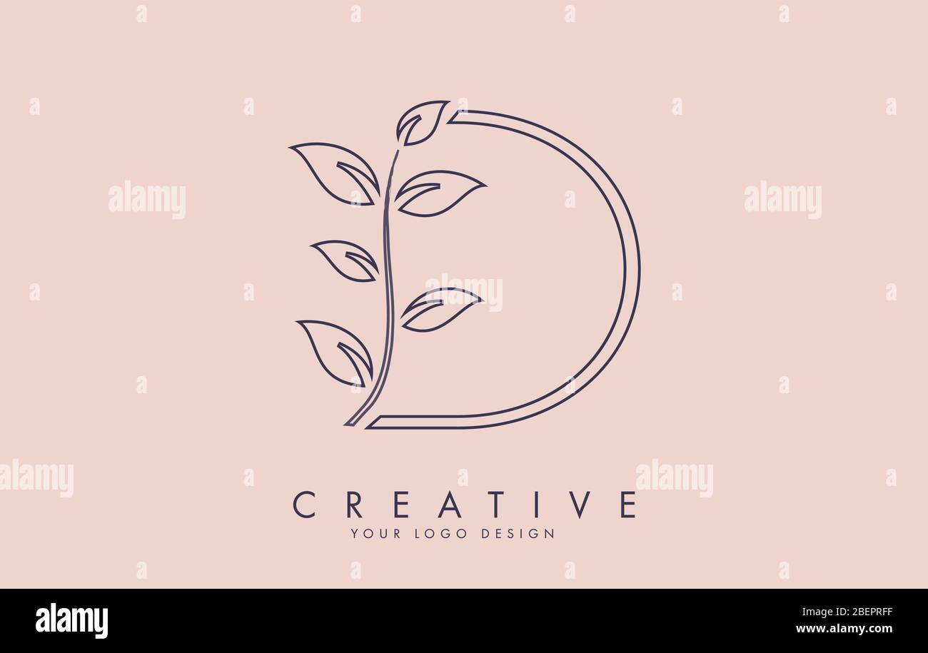 Outline Leaf Letter D Logo Design with Leaves on a Branch and Pink Background. Letter D with nature concept. Eco and Organic Letter Vector Illustratio Stock Vector