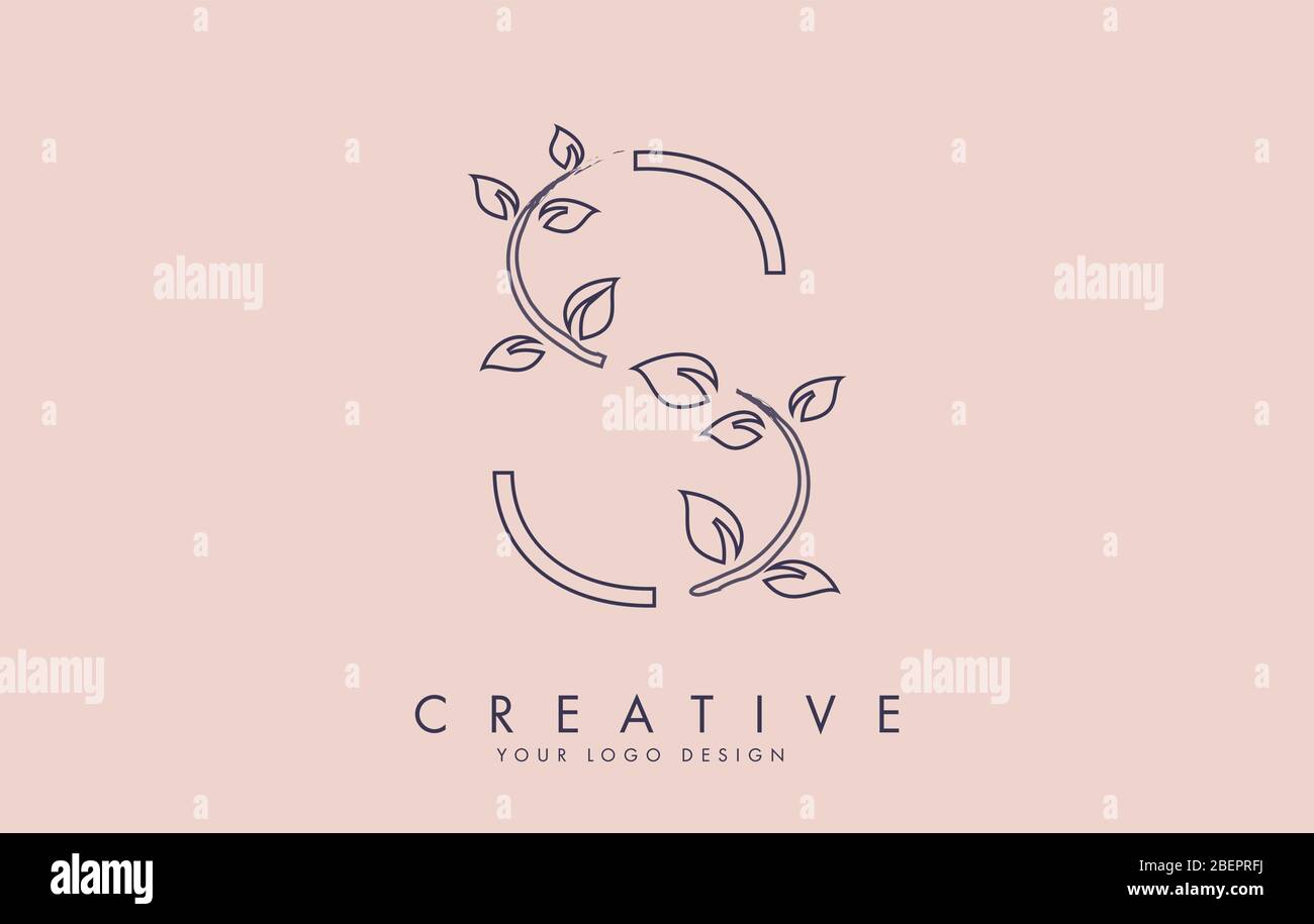 Outline Leaf Letter S Logo Design with Leaves on a Branch and Pink ...