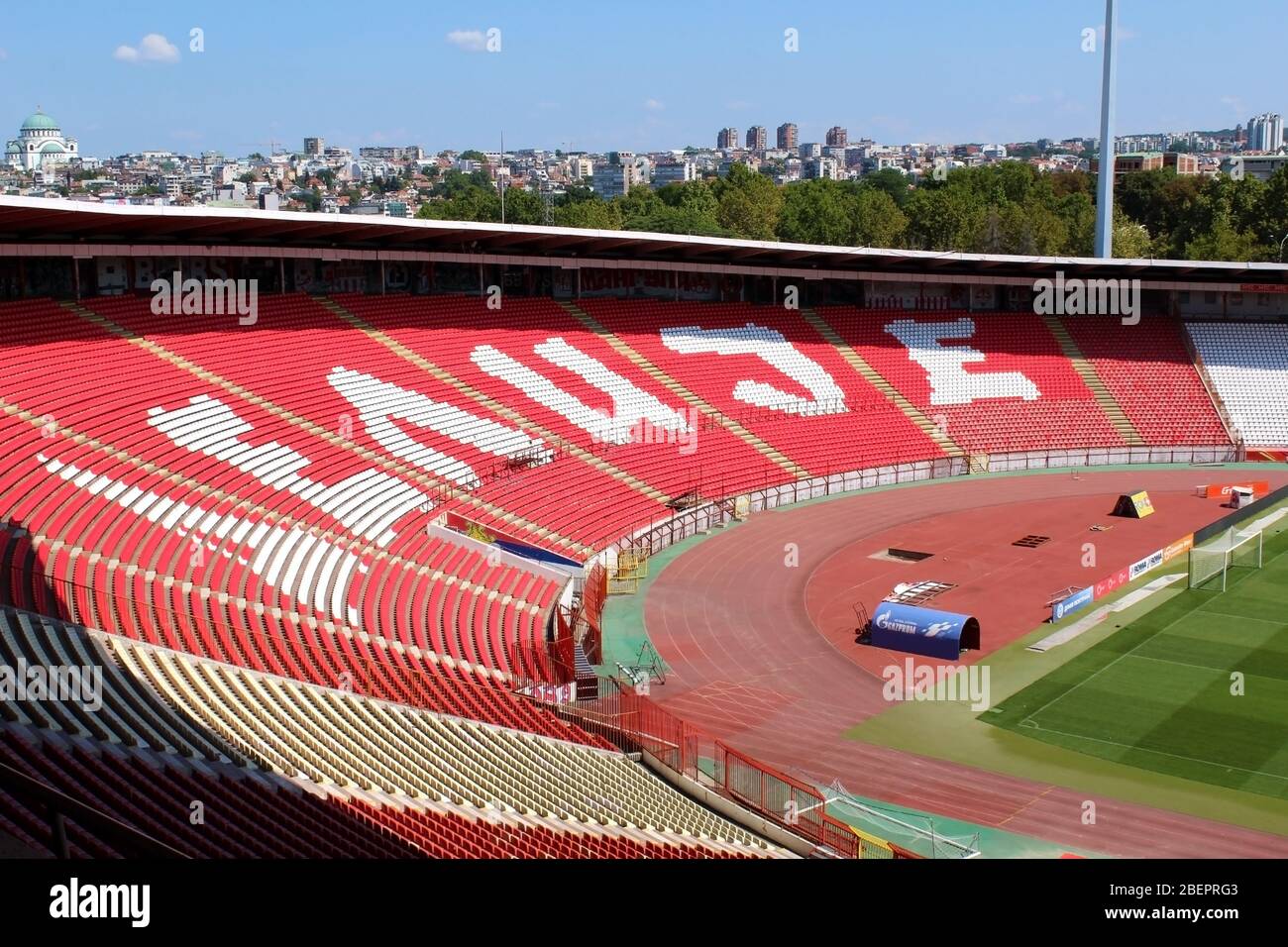 BELGRADE, SERBIA - AUGUST 2019: Red Star stadium Delije sector and city skyline in the background Stock Photo