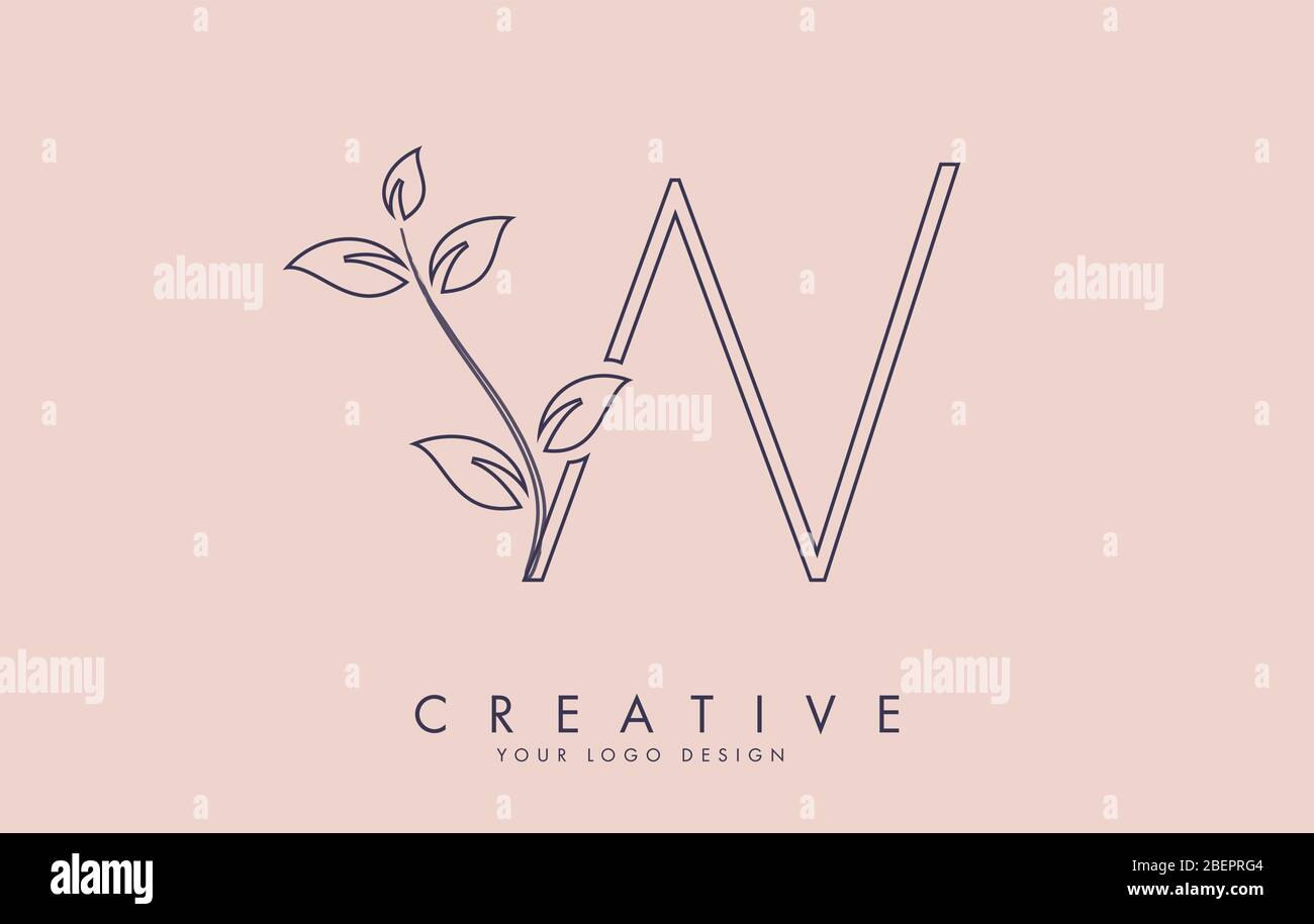 Outline Leaf Letter W Logo Design with Leaves on a Branch and Pink ...