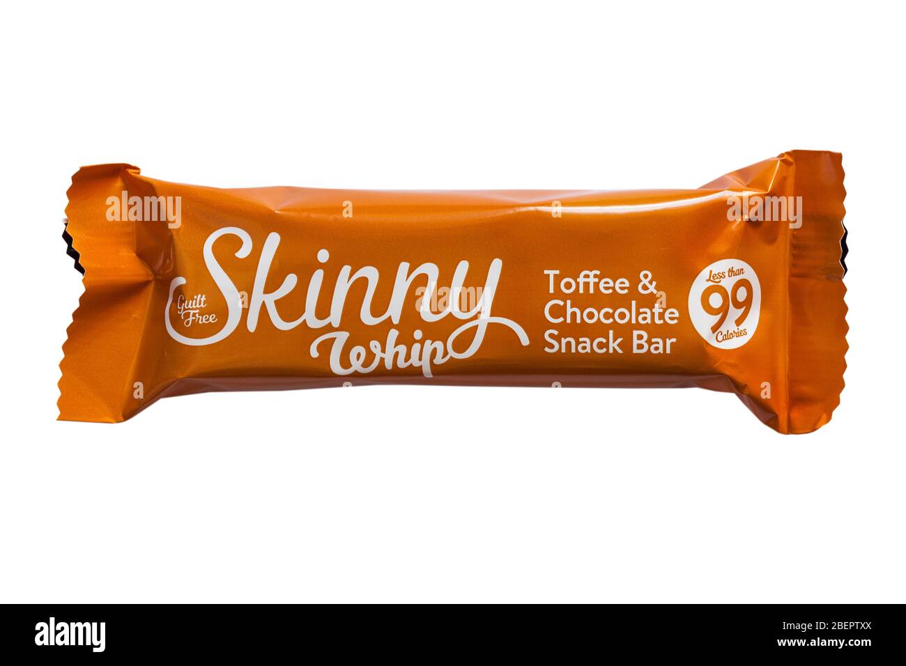 guilt free Skinny Whip Toffee & Chocolate Snack Bar isolated on white background - less than 99 calories Stock Photo