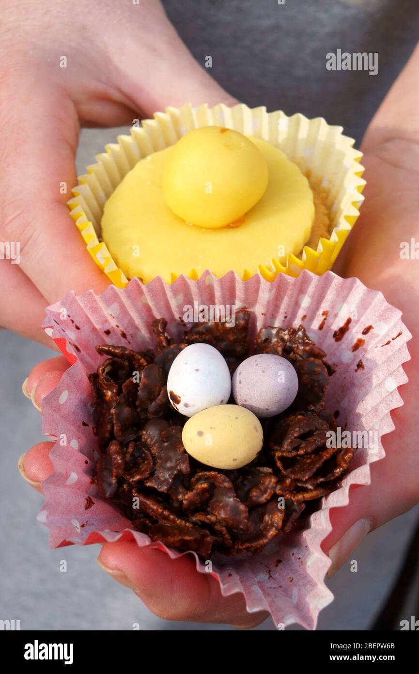 Lemon Simnel & Chocolate Easter Cupcakes Stock Photo