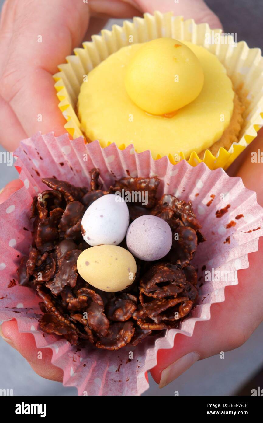 Lemon Simnel & Chocolate Easter Cupcakes Stock Photo