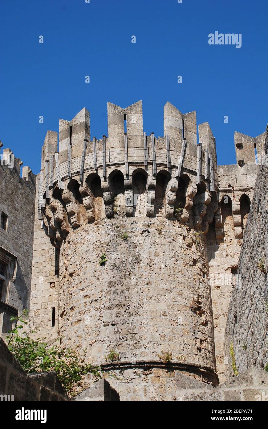 A turret on the medieval fortified wall in Rhodes Old Town on the Greek island of Rhodes. Stock Photo