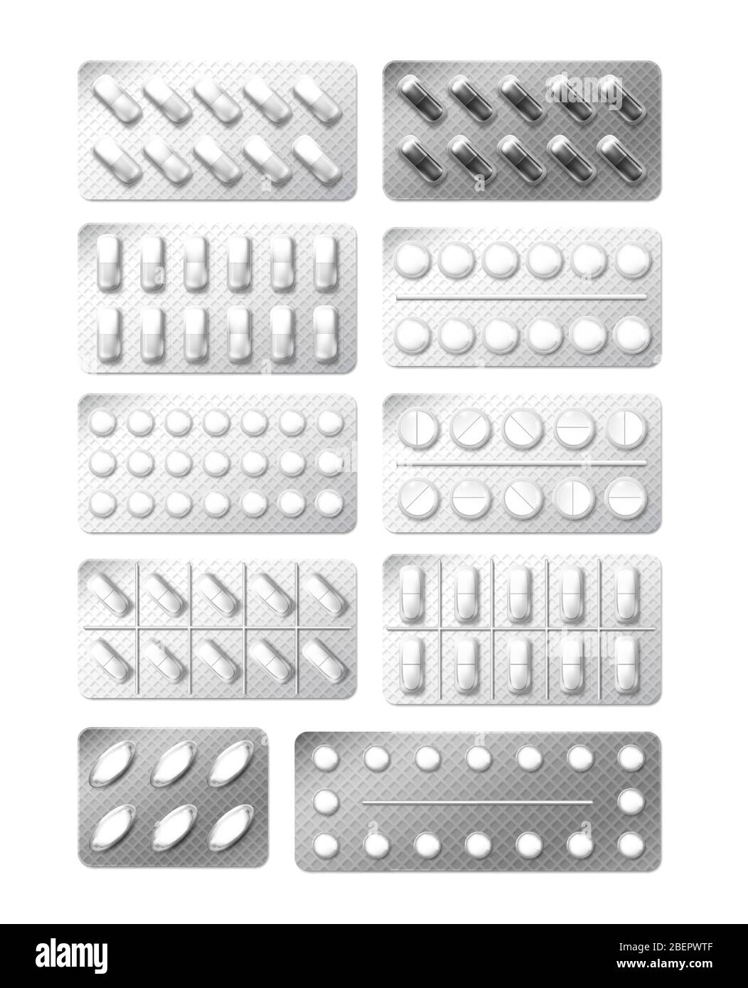 Medicine painkiller pills packaging. Realistic 3d drugs in blister isolated on white. Vitamin capsule drug blister pack. Medical care pharmaceutical Stock Vector