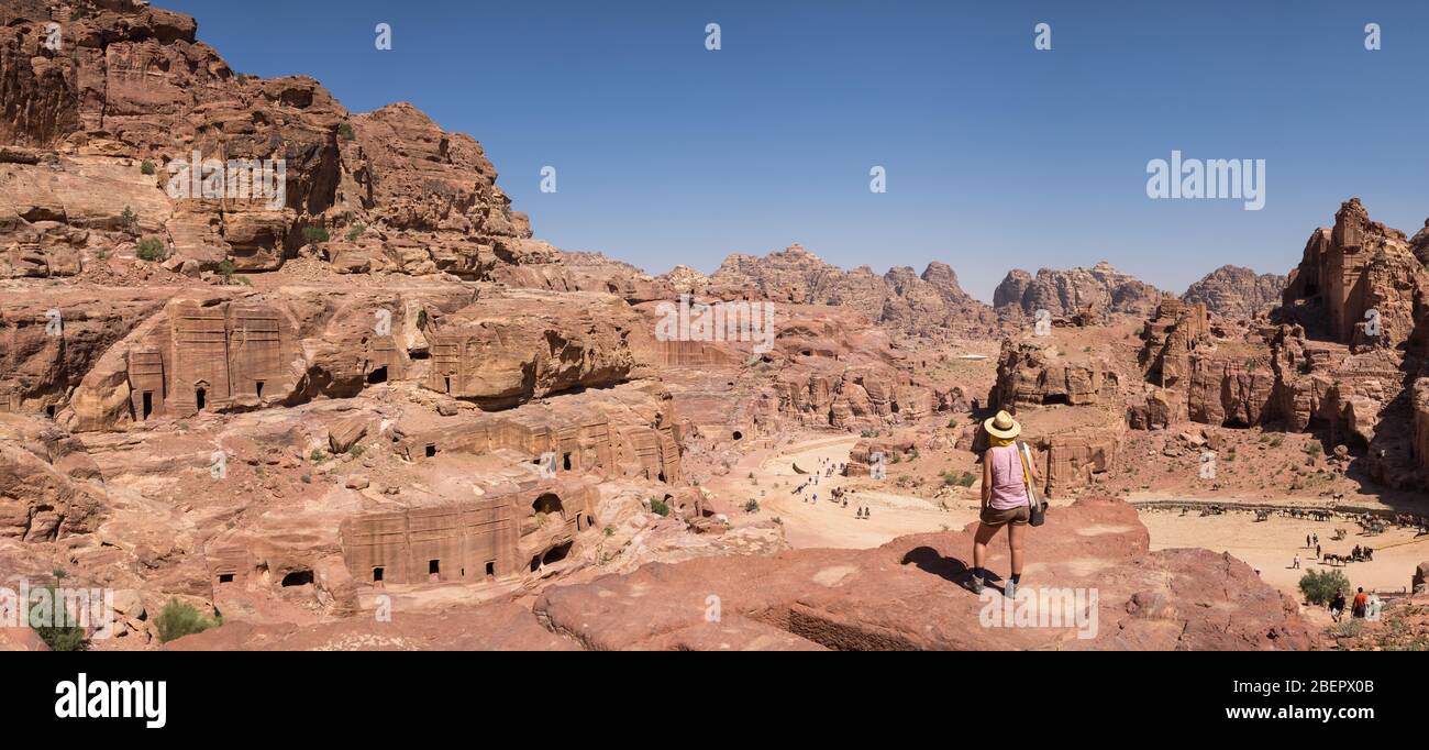 Panoramic view of Petra as seen from the trail to the High Place of Sacrifice, Jordan Stock Photo