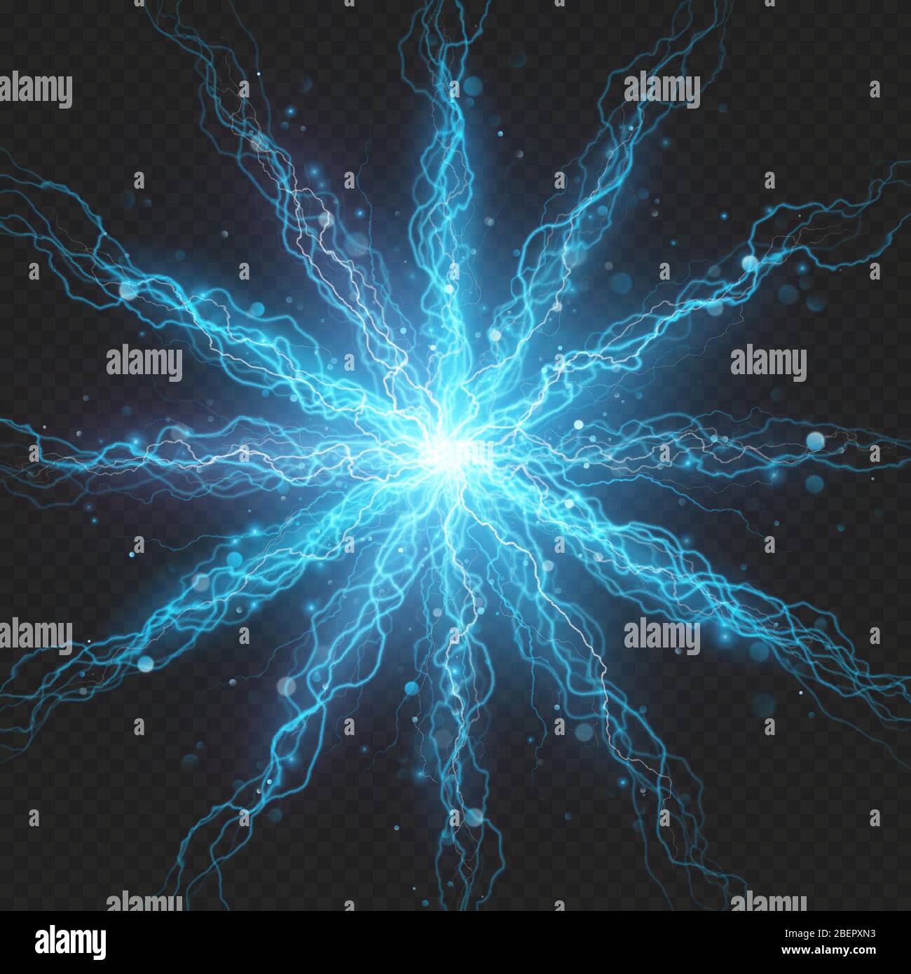 Lightning flash discharge of electricity on transparent background. Blue electrical visual