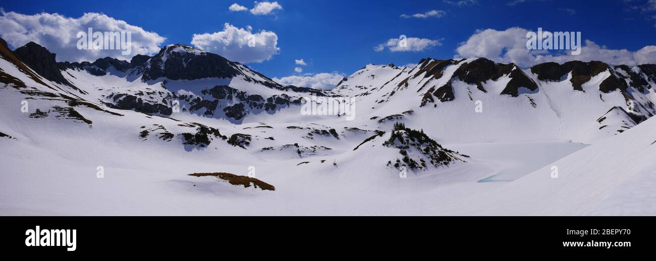 Bad Hindelang, Germany: Panorama of the snowy Schrecksee Stock Photo