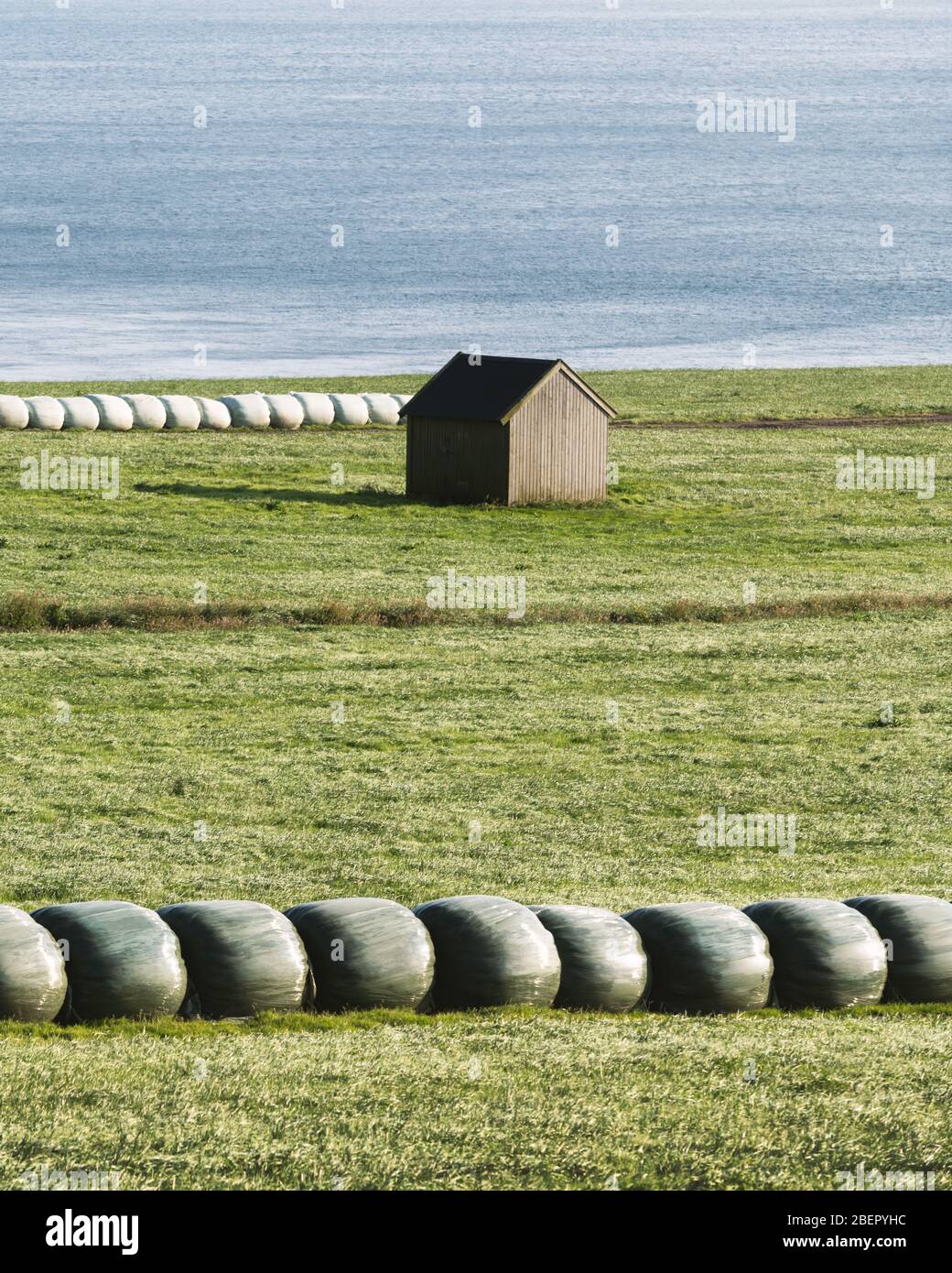 Rural scene with farm field and hay stacks on the Faroe Islands Stock Photo