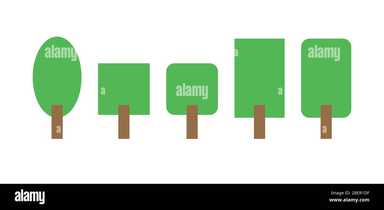 Five simple trees vector illustrations in flat color. Stock Vector