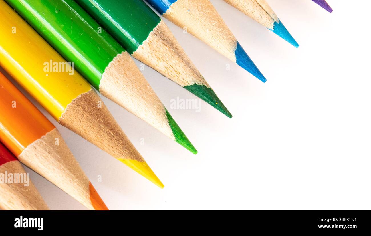 assorted colored pencils used for drawing and coloring on a white background Stock Photo Alamy