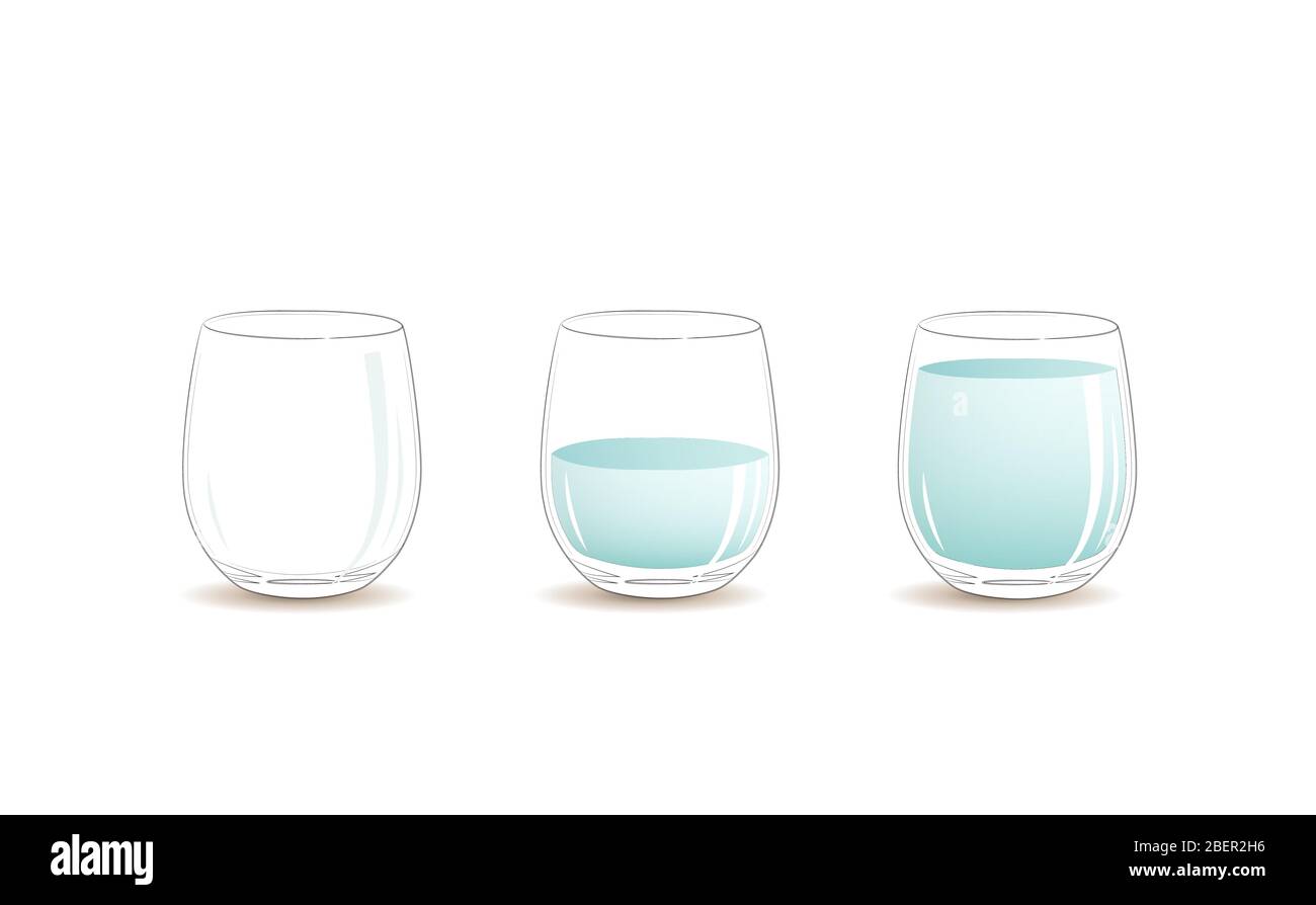 Empty glass, half full and full glass of clear cold water. Vector graphic illustration glass of water half full Stock Vector