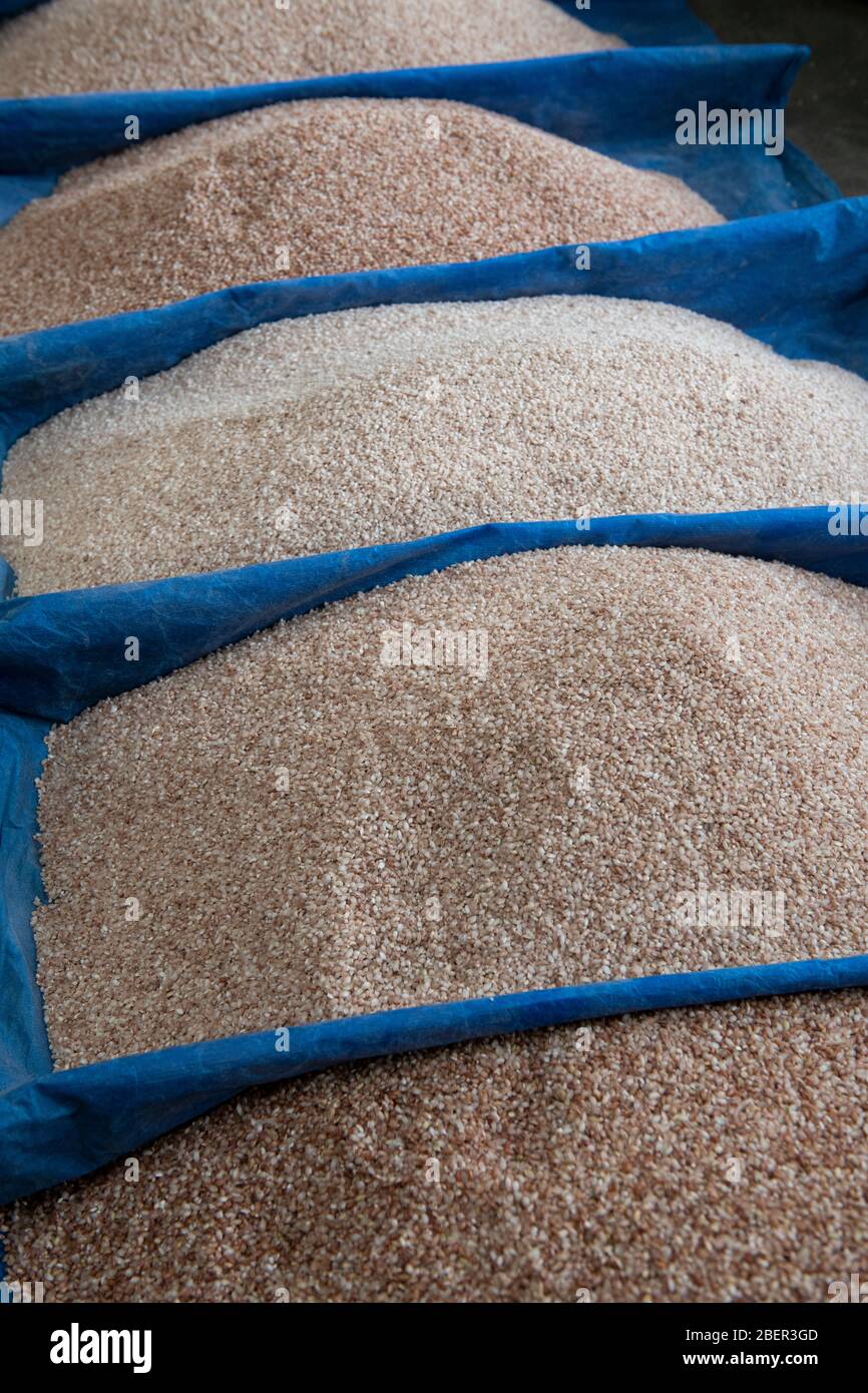 Bhutan, Thimphu. Local Farmer's Market. Detail of rice vendor display