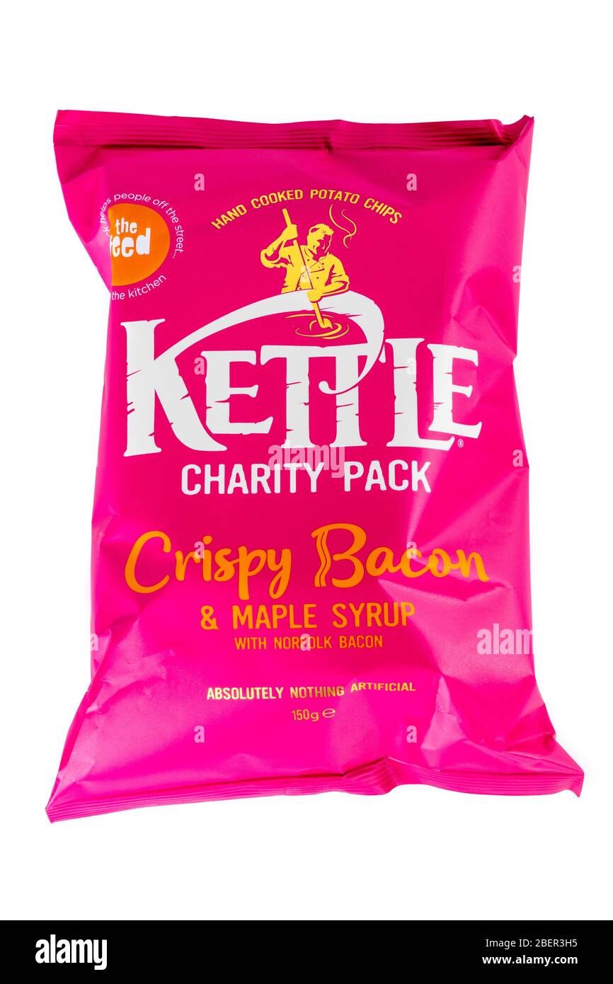 Kettle Crisps, Kettle crisp packet, Kettle charity bag crisps, kettle crisps packet, Kettle chips, kettle potato crisps, crisp packet packet of crisps Stock Photo