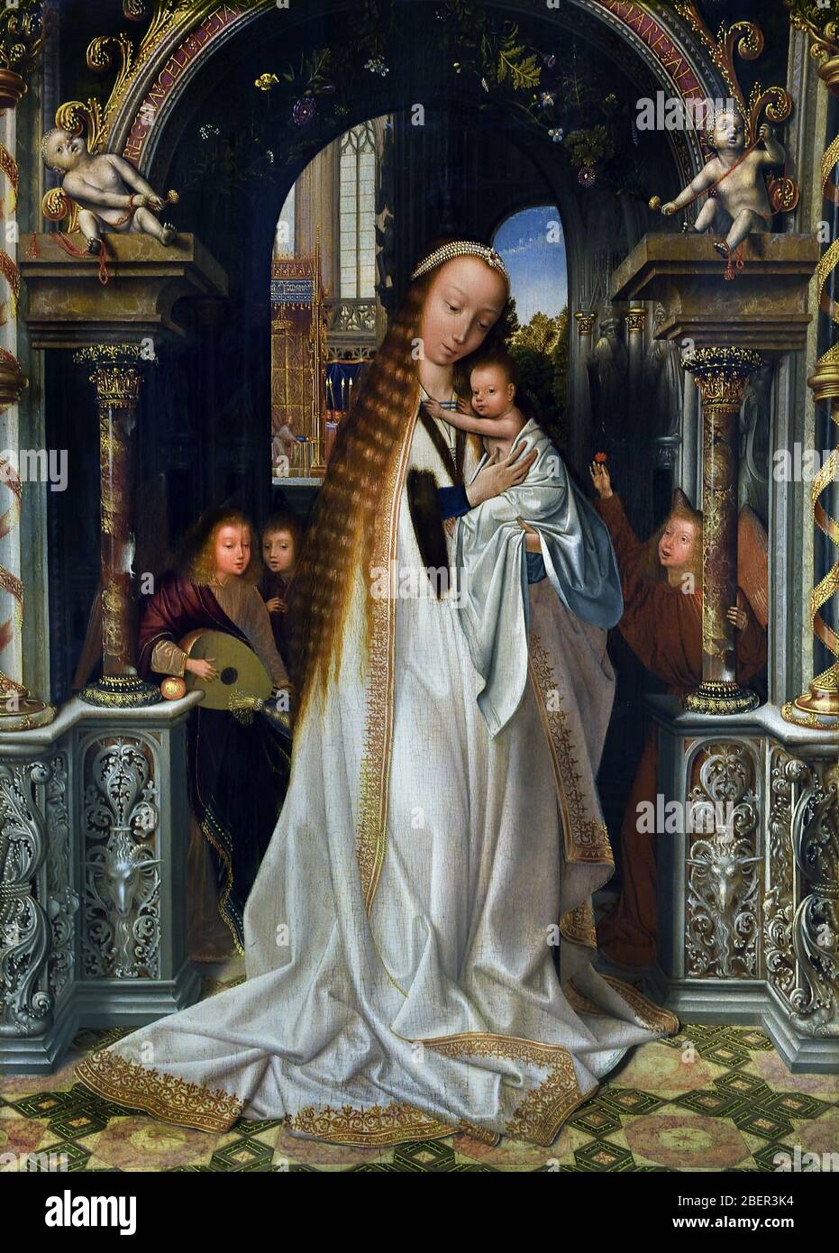 Virgin and Child Surrounded by Angels 1500 by Quentin Massys METSYS -1466-1530  Belgian, Belgium, Flemish, Stock Photo