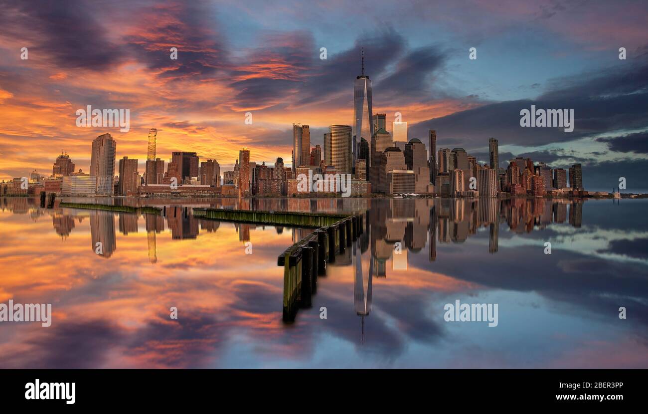 New York and New Jersey skyline from new jersey deck at sunset blue