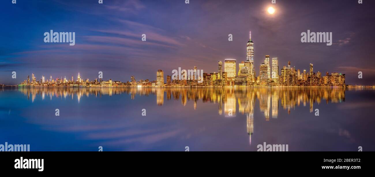 New York and New Jersey skyline from new jersey deck at sunset blue