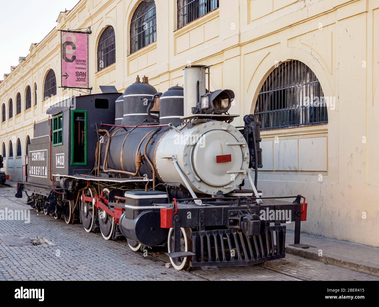 Steam Locomotive in front of the Almacenes San Jose Artisans' Market, La Habana Vieja, Havana, La Habana Province, Cuba Stock Photo