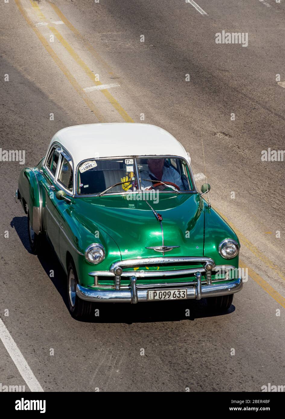 Vintage car at San Lazaro Street, elevated view, Centro Habana, Havana, La Habana Province, Cuba Stock Photo